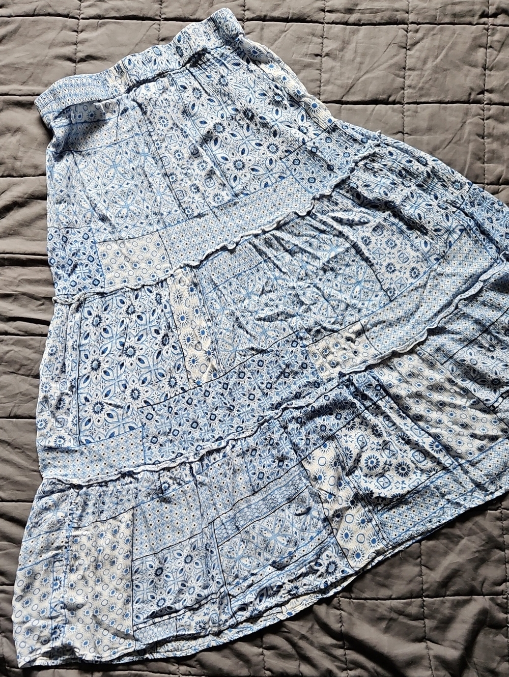New Directions Blue White Patchwork Tiered Boho Maxi Skirt M